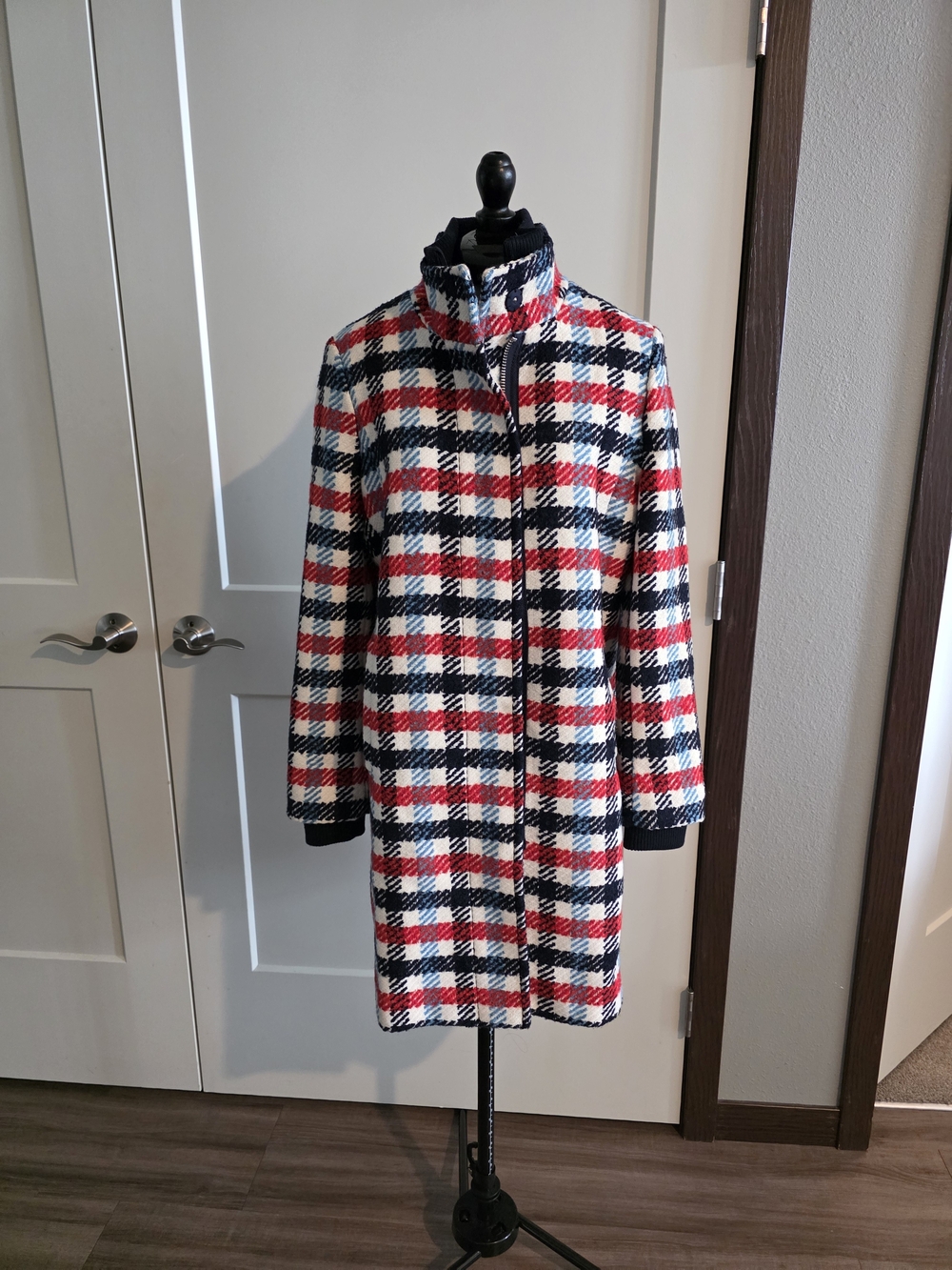 Banana Republic Red White Navy Plaid Pea Coat